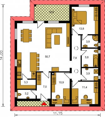 Spiegelverkehrter Entwurf | Grundriss des Erdgeschosses - BUNGALOW 196